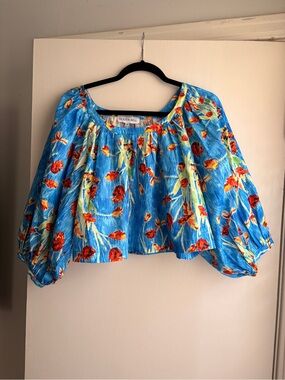 Hunter Bell Blue Floral Puff-Sleeve Crop Top